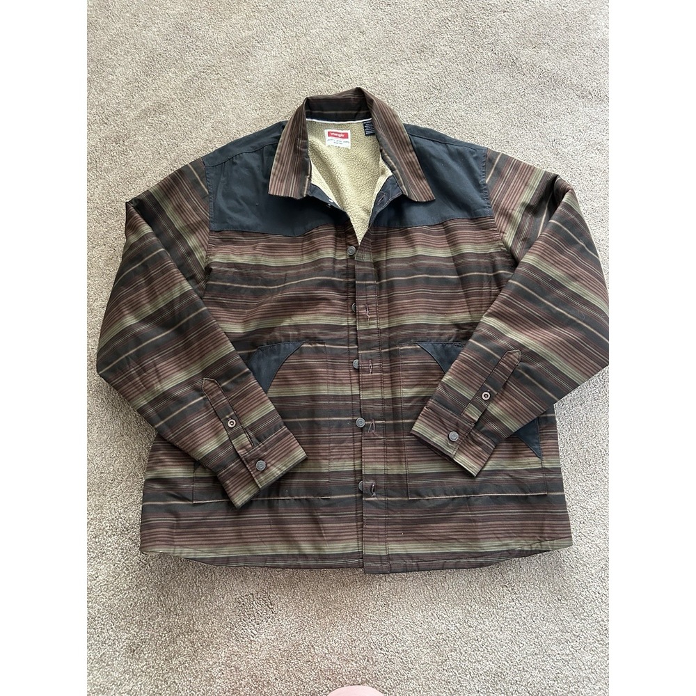 Wrangler Sherpa Lined Work Jacket Mens 2XL Brown Striped Button Front Chore Coat